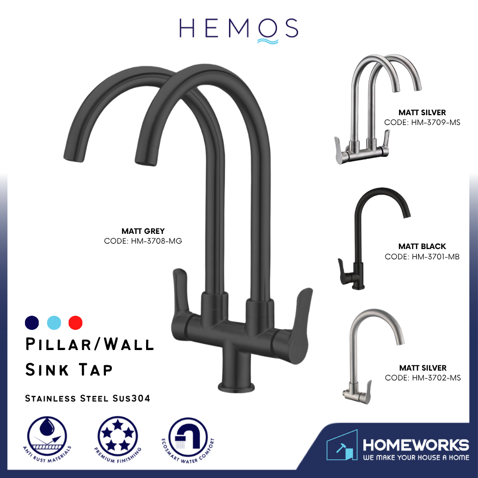 HEMOS KITCHEN FAUCET STAINLESS STEEL SUS 304 PILLAR WALL SINK TAP KEPALA PAIP DAPUR 37SERIES