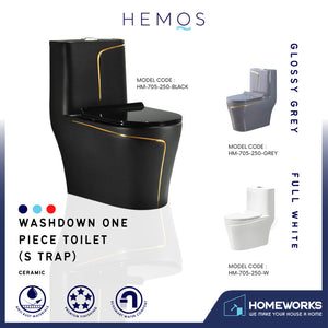 HEMOS BATHROOM CERAMIC ONE PIECE TOILET BOWL POWERFUL&QUIET DUAL FLUSH JAMBAN BILIK AIR HM-705-250-W