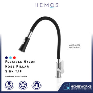 HEMOS KITCHEN FAUCET FLEXIBLE BLACK SILICONE RUBBER HOSE 304 STEEL PILLAR SINK TAP HM-3301F