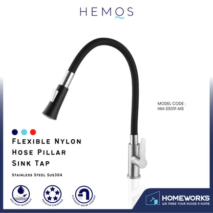 HEMOS KITCHEN FAUCET FLEXIBLE BLACK SILICONE RUBBER HOSE 304 STEEL PILLAR SINK TAP HM-3301F