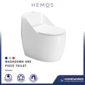 HEMOS BATHROOM CERAMIC WASHDOWN ONE PIECE TOILET BOWL ONE PRESS FLUSH JAMBAN BILIK AIR HM-713-250-W