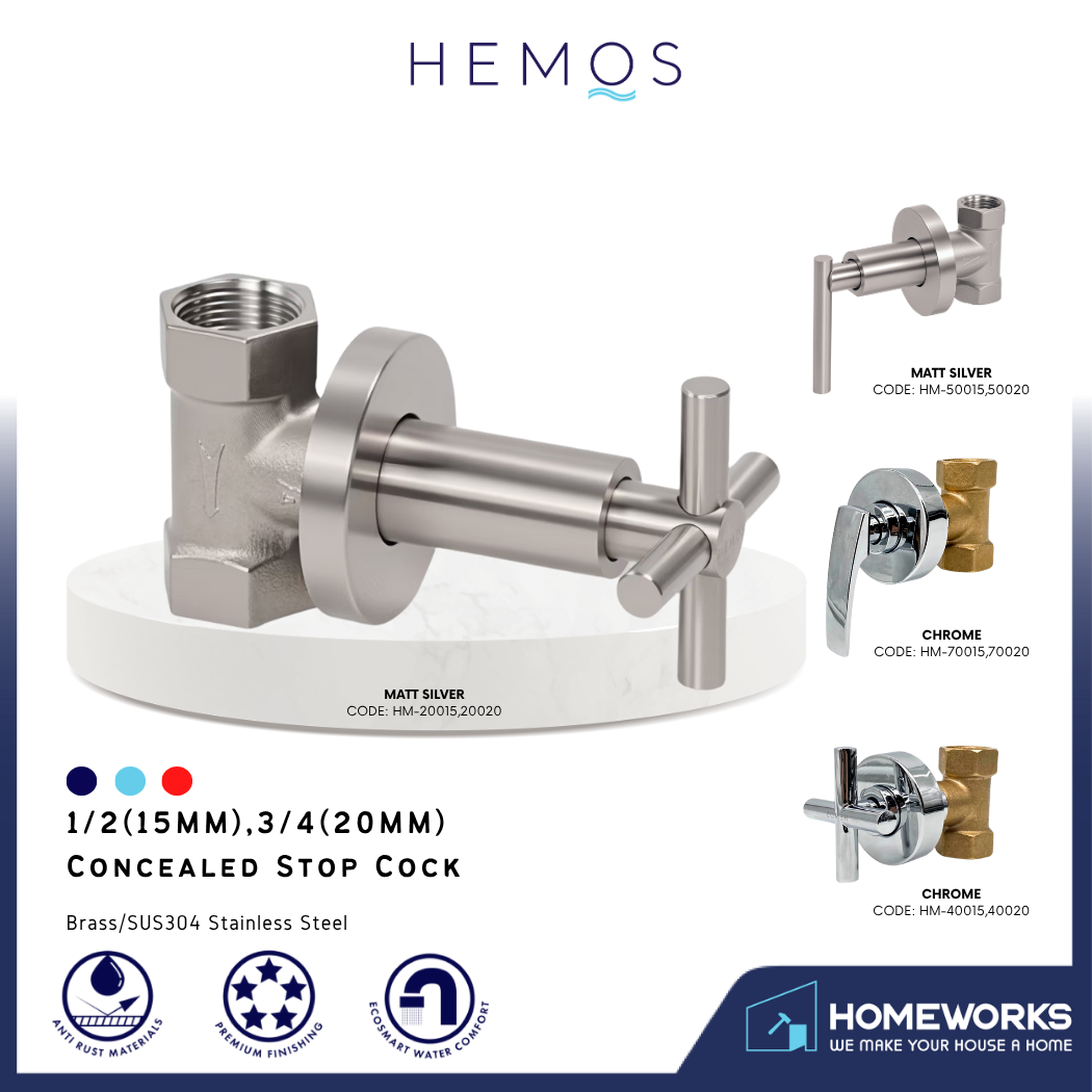 HEMOS 1/2 15MM & 3/4" 20MM BATHROOM FAUCET BRASS CHROME CONCEALED STOP VALVE COCK HM-40015,70015