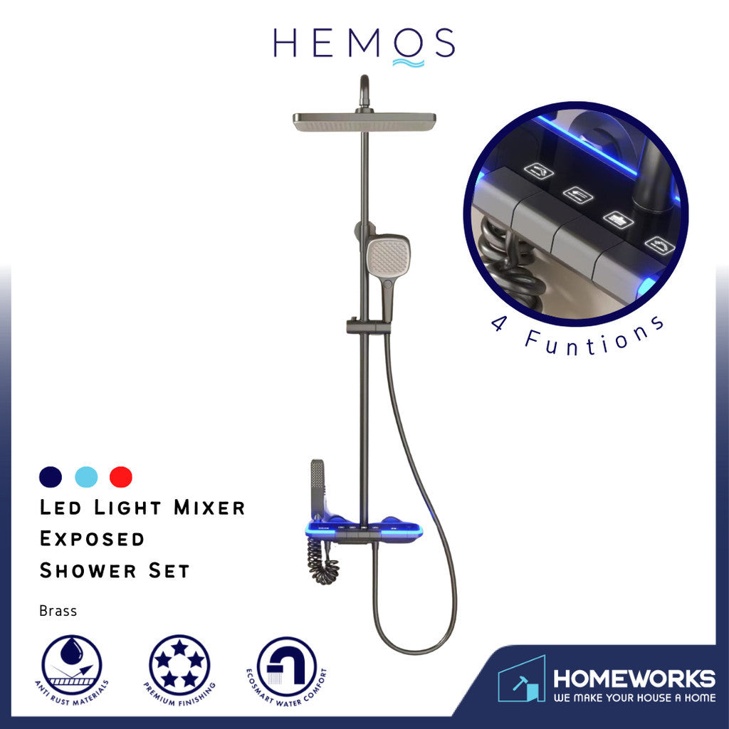 HEMOS BATHROOM FAUCET 4 MODE BRASS LED LIGHT MIXER EXPOSED GREY SHOWER SETS HM-19074-MG