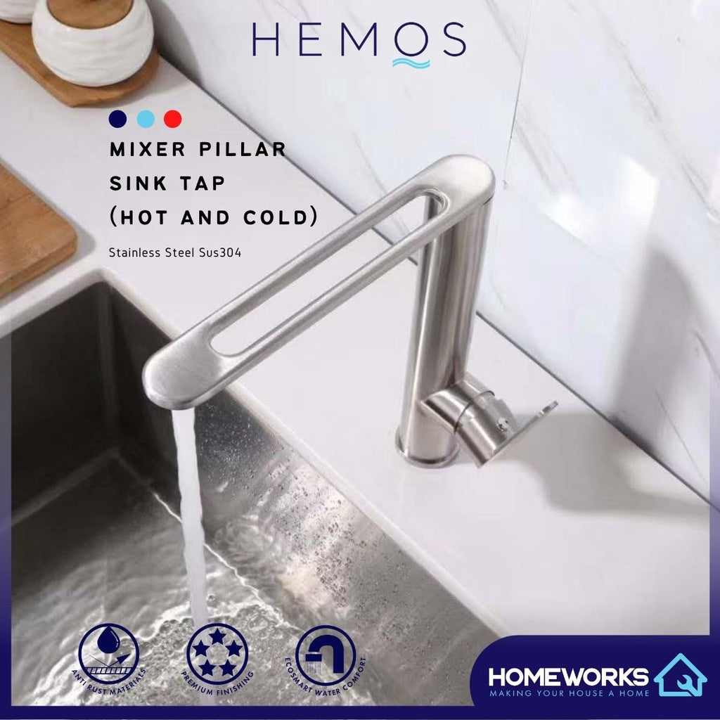 HEMOS KITCHEN FAUCET SUS 304 STAINLESS STEEL MIXER DESIGNER PILLAR SINK TAP WITH LONG SPOUT HM-19003