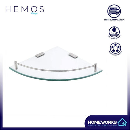 HEMOS BATHROOM FITTINGS STAINLESS STEEL SUS 304 CORNER GLASS SHELF HMBF-89933-MS