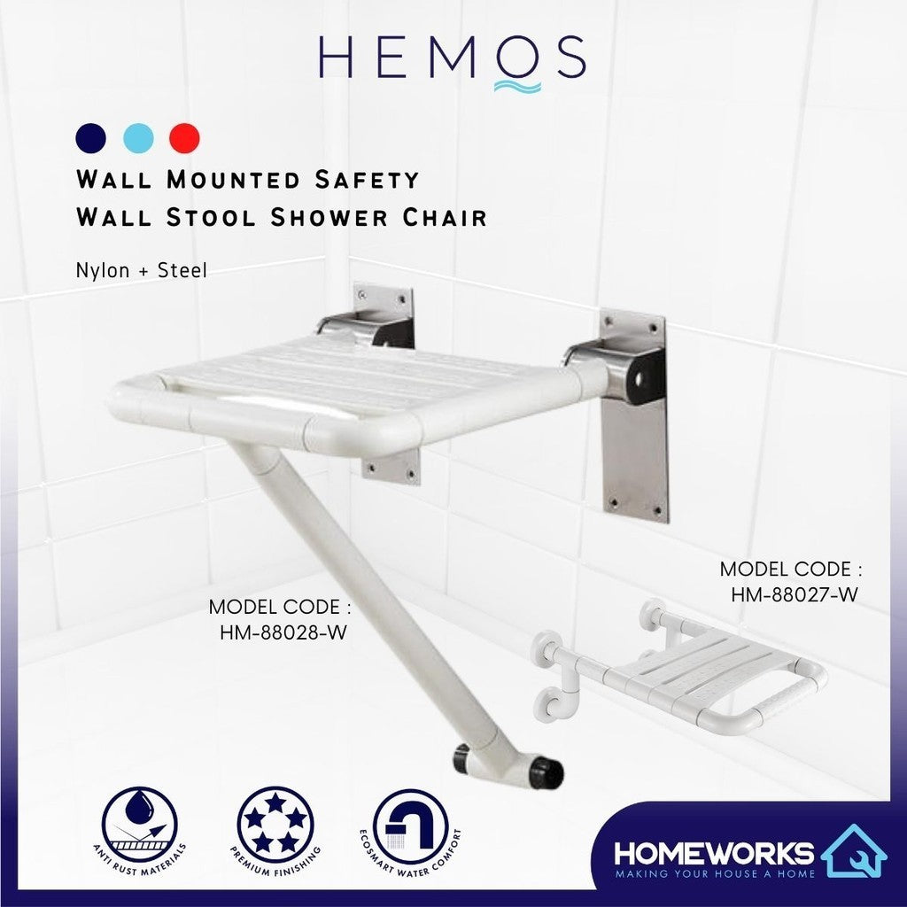 HEMOS BATHROOM STEEL NYLON WALL MOUNTED FOLDABLE SAFETY WALL STOOL SHOWER CHAIR HM-88027,88028-W