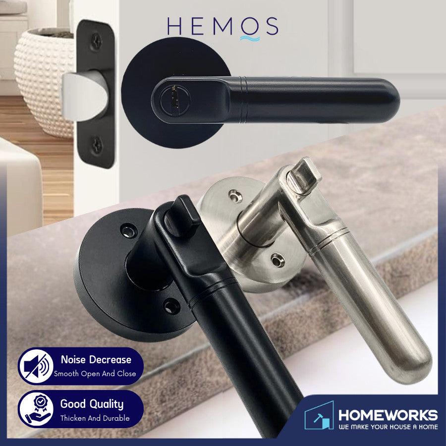 HEMOS 60-70MM TUBULAR LEVEL DOOR LOCK KUNCI TOMBOL PINTU RUMAH SILVER BLACK HM-5207