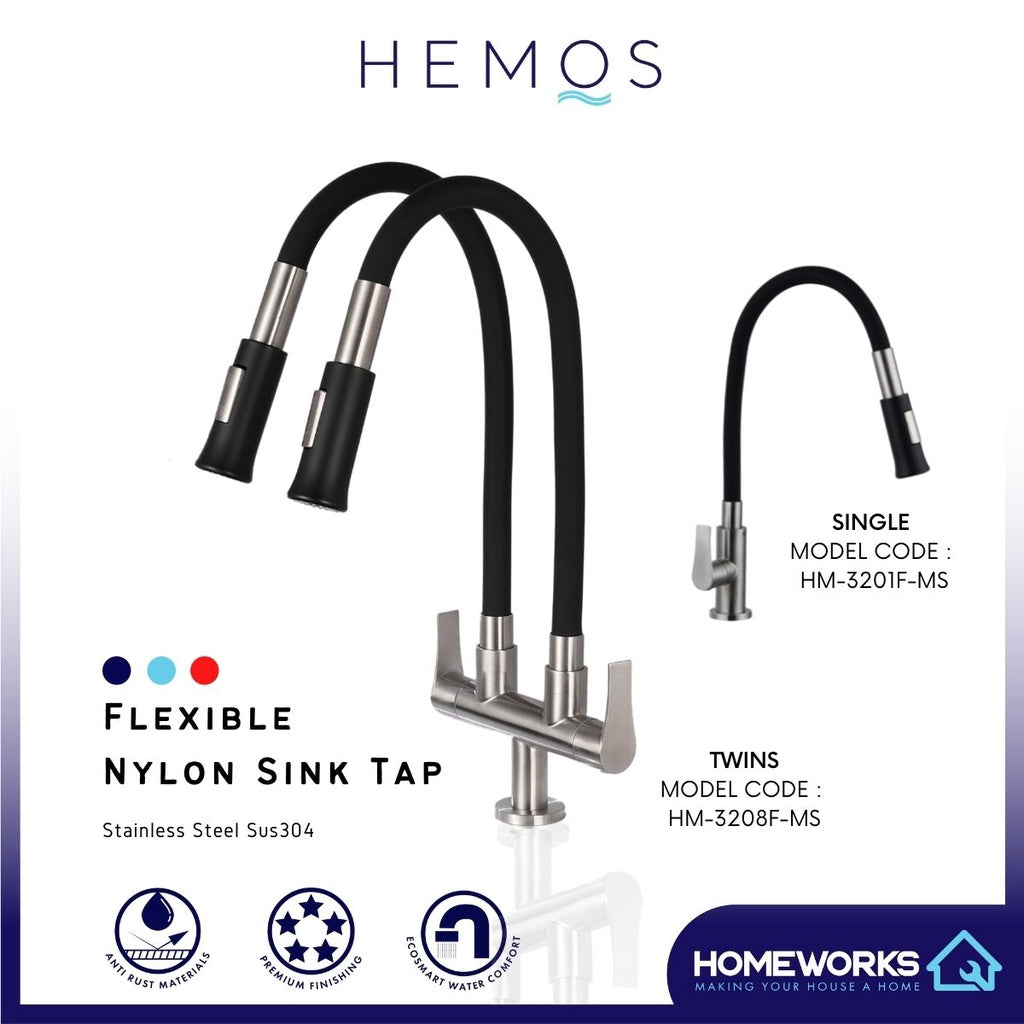 HEMOS KITCHEN FAUCET SUS 304 BLACK FLEXIBLE SILICONE TWINS HOSE PILLAR SINK TAP HM-3201F,3208F-MS