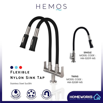 HEMOS KITCHEN FAUCET SUS 304 BLACK FLEXIBLE SILICONE TWINS HOSE PILLAR SINK TAP HM-3201F,3208F-MS