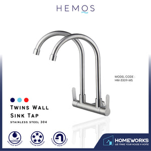 KITCHEN FAUCET TWO SPOUT STAINLESS STEEL 304 TWINS WALL SINK TAP HM 3309