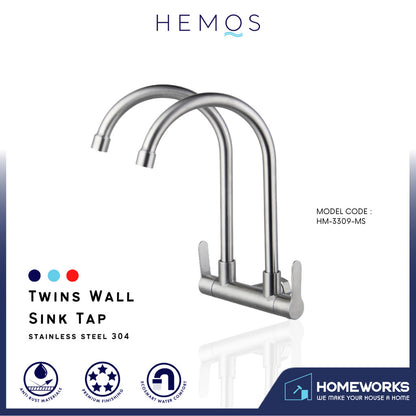 KITCHEN FAUCET TWO SPOUT STAINLESS STEEL 304 TWINS WALL SINK TAP HM 3309