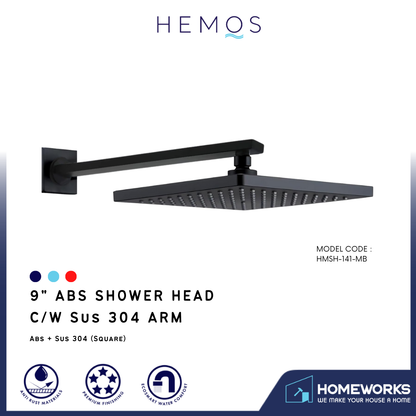 HEMOS BATHROOM RAIN SHOWER HEAD 9'' ABS C/W ARM MATT BLACK SQUARE KEPALA PANCURAN HUJAN HMSH-141-MB
