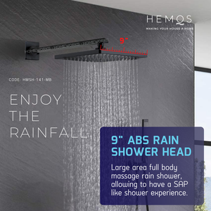 HEMOS BATHROOM RAIN SHOWER HEAD 9'' ABS C/W ARM MATT BLACK SQUARE KEPALA PANCURAN HUJAN HMSH-141-MB