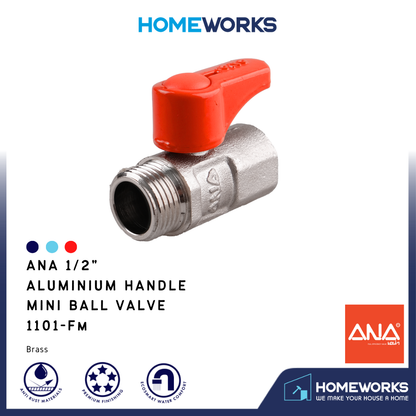 ANA 1/2" ALUMINIUM HANDLE MINI BALL VALVE 1101-MF