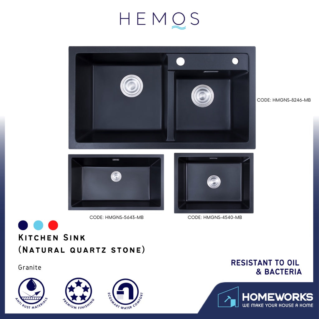 HEMOS KITHCHEN GRANITE NATURAL QUARTZ STONE 3.0MM THICKNESS KITCHEN SINK SINGLE DOUBLE BOWL BLACK