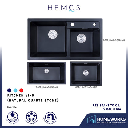 HEMOS KITHCHEN GRANITE NATURAL QUARTZ STONE 3.0MM THICKNESS KITCHEN SINK SINGLE DOUBLE BOWL BLACK