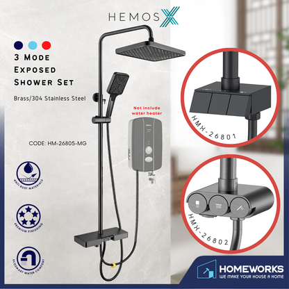 HEMOS X BATHROOM THREE WAY EXPOSED SHOWER SETS CONNECT WITH WATER HEATER MATT BLACK & GREY 26SERIES