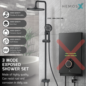 HEMOS X BATHROOM THREE WAY EXPOSED SHOWER SETS CONNECT WITH WATER HEATER MATT BLACK & GREY 26SERIES