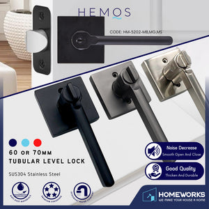 HEMOS 60-70MM TUBULAR LEVEL HANDLE DOOR LOCK KUNCI TOMBOL PINTU RUMAH SILVER BLACK GREY HM-5202,HM-5213-MS