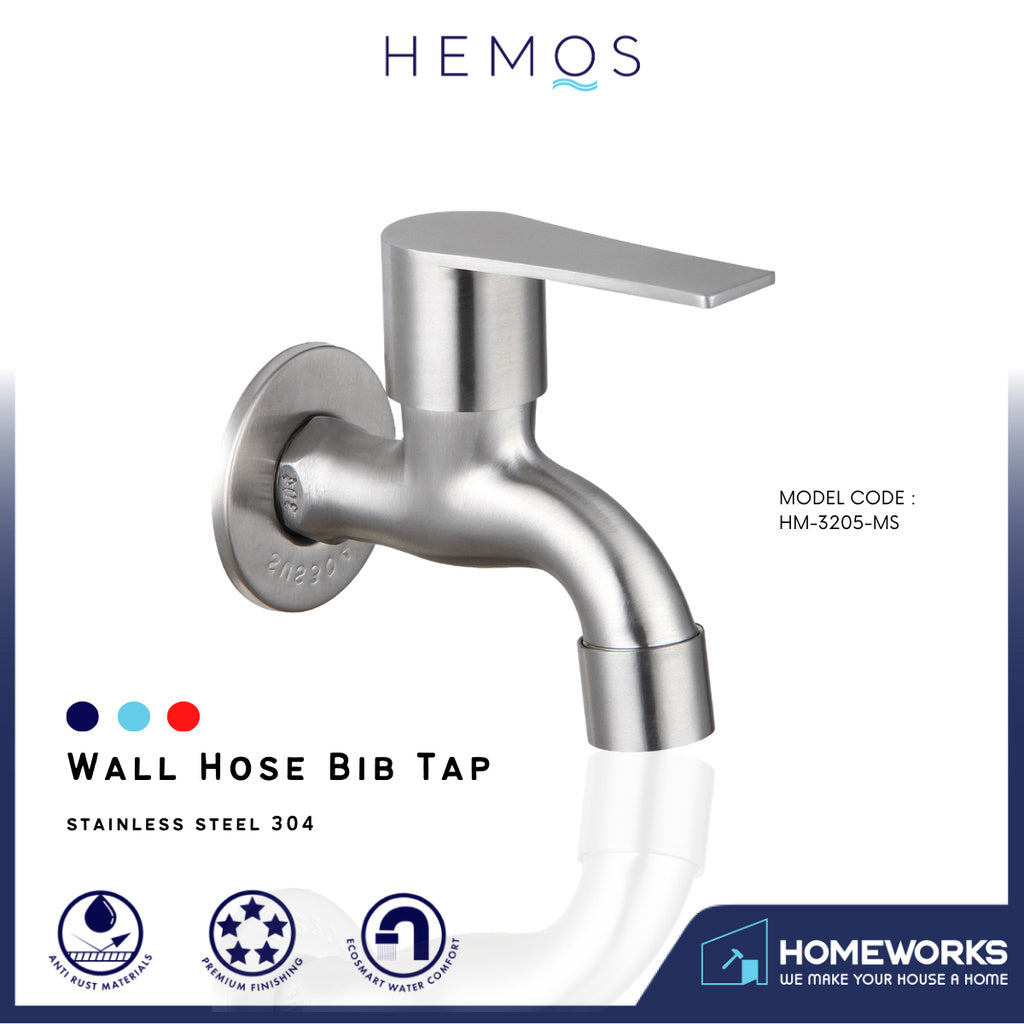 HEMOS BATHROOM FAUCET STAINLESS STEEL SUS 304  WALL HOSE TAP HM-3205-MS
