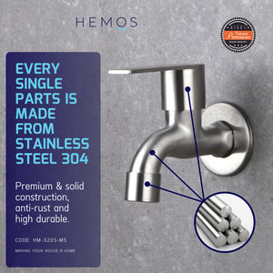 HEMOS BATHROOM FAUCET STAINLESS STEEL SUS 304  WALL HOSE TAP HM-3205-MS