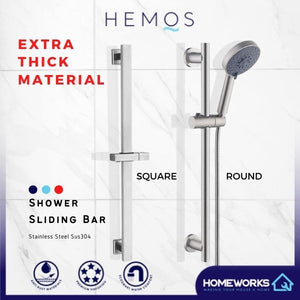HEMOS BATHROOM FITTING SUS 304 SHOWER ADJUSTABLE BAR GELONGSOR PANCURAN (ROUND/SQUARE) HM-0052,0053