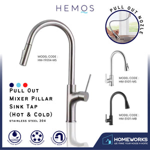 HEMOS KITCHEN FAUCET SUS 304 PULL OUT FLEXIBLE MIXER HOT COLD WATER KEPALA PAIP SINKI HM-51011,19034