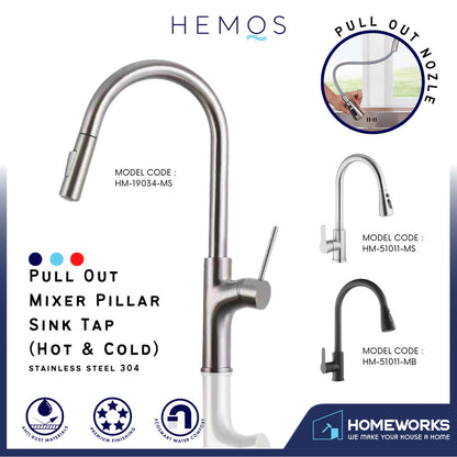 HEMOS KITCHEN FAUCET SUS 304 PULL OUT FLEXIBLE MIXER HOT COLD WATER KEPALA PAIP SINKI HM-51011,19034