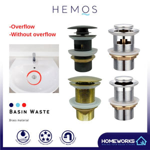 HEMOS BATHROOM FAUCET BRASS UMBRELLA POP UP SPRING PUSH PRESS OVERFLOW BASIN WASTE
