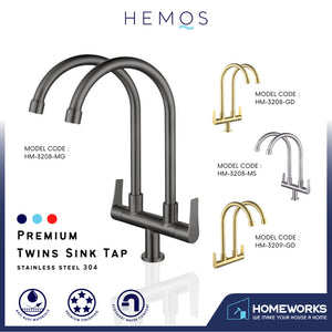 HEMOS KITCHEN FAUCET SUS304 TWO SPOUT SILVER,GOLD,GREY TWIN PILLAR SINK TAP KEPALA PAIP HM-3208,3209