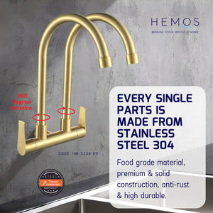 HEMOS KITCHEN FAUCET SUS304 TWO SPOUT SILVER,GOLD,GREY TWIN PILLAR SINK TAP KEPALA PAIP HM-3208,3209