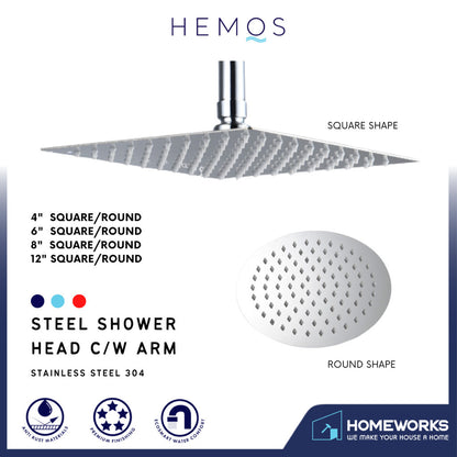 HEMOS BATHROOM 4'' 6'' 8'' 12'' SUS 304 ULTRA THIN RAINFALL SHOWER HEAD C/W ARM (ROUND/ SQUARE)