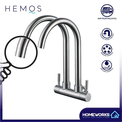 HEMOS KITCHEN FAUCET TWO SPOUT STAINLESS STEEL 304 TWINS WALL SINK TAP C001