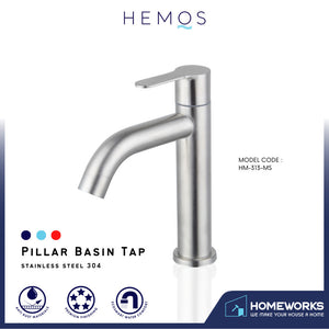 HEMOS BATHROOM FAUCET STAINLESS STEEL SUS 304 PILLAR BASIN TAP HM-313