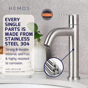 HEMOS BATHROOM FAUCET STAINLESS STEEL SUS 304 PILLAR BASIN TAP HM-313