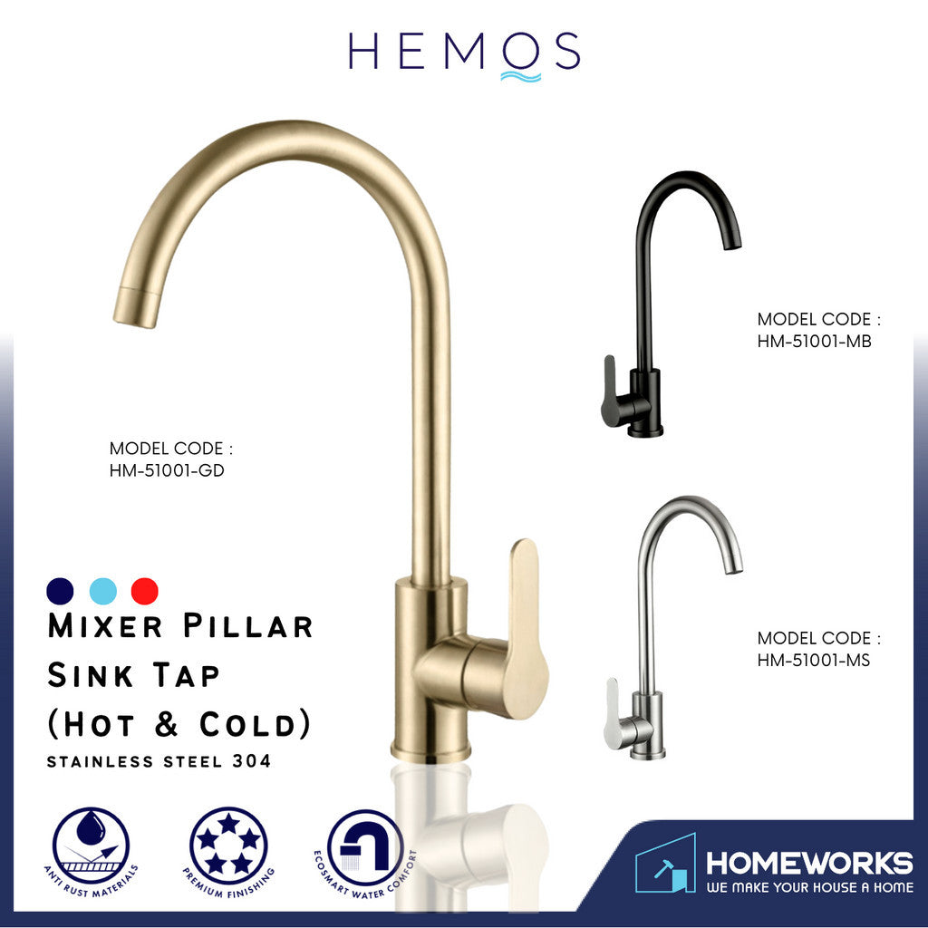 HEMOS KITCHEN FAUCET STEEL HOT COLD MIXER PILLAR WATER TAP HM51001-MS GOLD HM-51001-GD