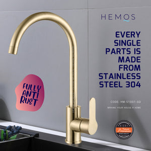 HEMOS KITCHEN FAUCET STEEL HOT COLD MIXER PILLAR WATER TAP HM51001-MS GOLD HM-51001-GD