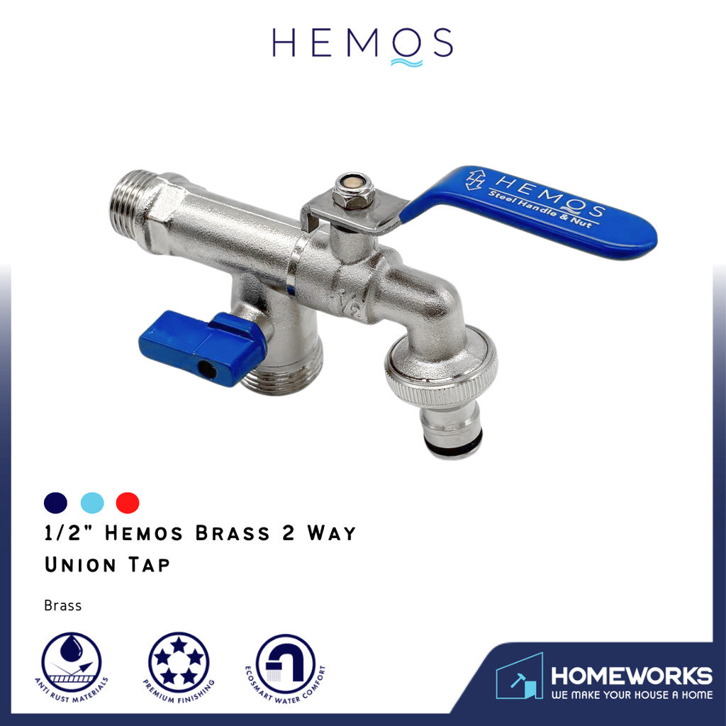 HEMOS BATHROOM FAUCET 1/2'' BRASS C/P 2 WAY BIB TAP VALVE UNION TAP PAIP AIR MESIN BASUH HM-412