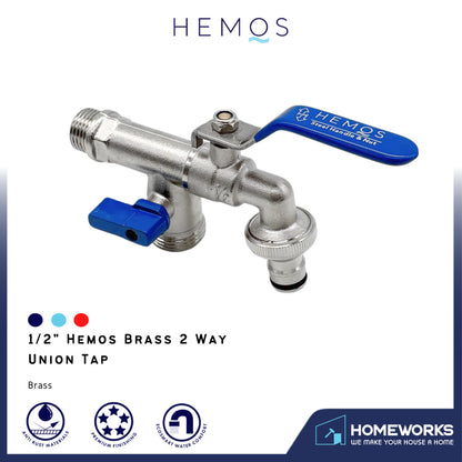 HEMOS BATHROOM FAUCET 1/2'' BRASS C/P 2 WAY BIB TAP VALVE UNION TAP PAIP AIR MESIN BASUH HM-412