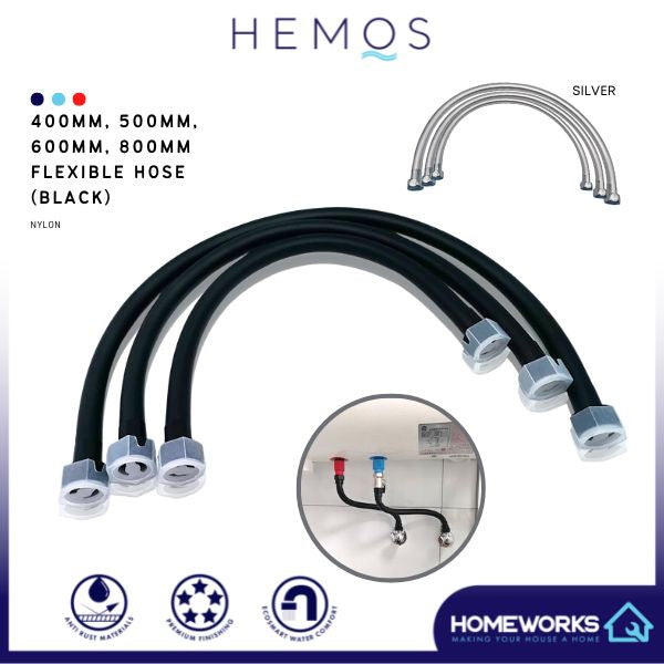 HEMOS BATHROOM PARTS 300-800MM NYLON PVC HIGH PRESSURE FLEXIBLE HOSE (BLACK,SILVER) HM-0067,0068