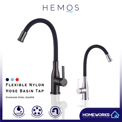HEMOS BATHROOM FAUCET SUS 304 BLACK FLEXIBLE NYLON HOSE BASIN COLD TAP HM-3603F (MATT SILVER&GREY)