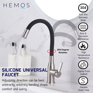 HEMOS BATHROOM FAUCET SUS 304 BLACK FLEXIBLE NYLON HOSE BASIN COLD TAP HM-3603F (MATT SILVER&GREY)