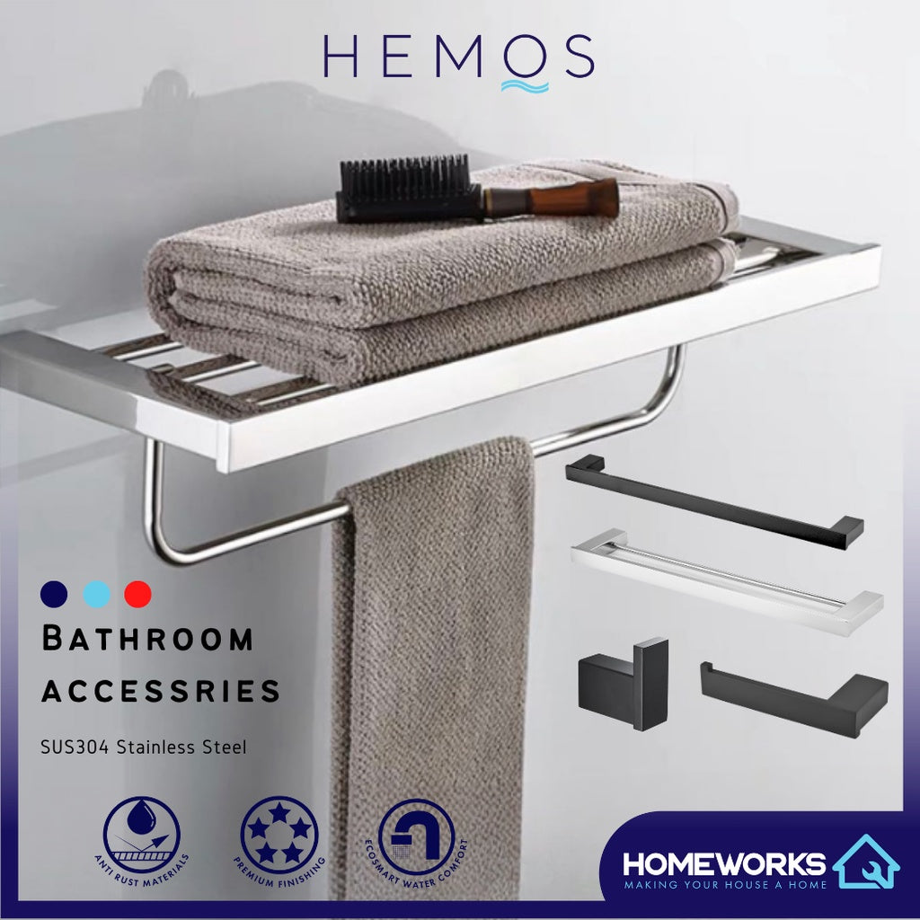 HEMOS BATHROOM FITTING SUS 304 TOWEL RACK PAPER HOLDER CHROME BLACK RAK BILIK MANDI 84SERIES