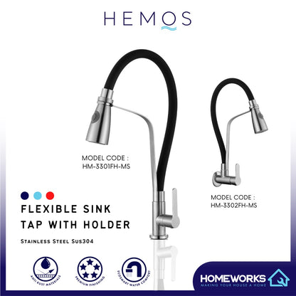 HEMOS KITCHEN FAUCET FLEXIBLE BLACK NYLON HOSE WITH HOLDER KEPALA PAIP SINKI HM-3301FH,3302FH-MS