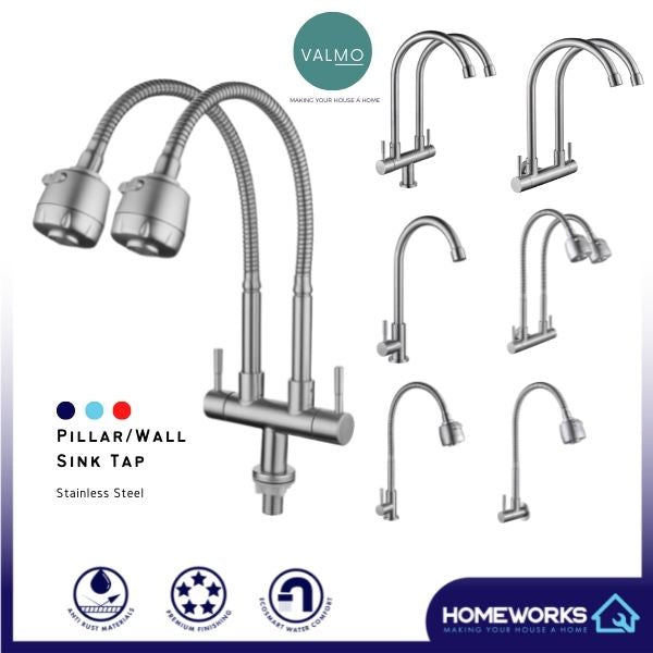 KITCHEN FAUCET STAINLESS STEEL PILLAR WALL MOUNTED SINK TAP KEPALA PAIP AIR DAPUR 31SERIES