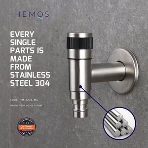 HEMOS BATHROOM FAUCET STAINLESS STEEL SUS 304 WALL HOSE BIB TAP HM-3226-MS