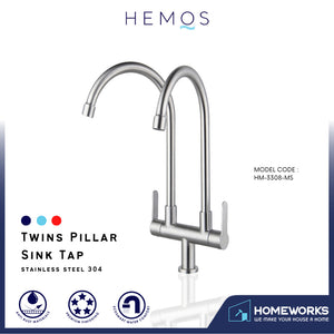KITCHEN FAUCET TWO SPOUT STAINLESS STEEL 304 TWINS PILLAR SINK TAP HM 3308