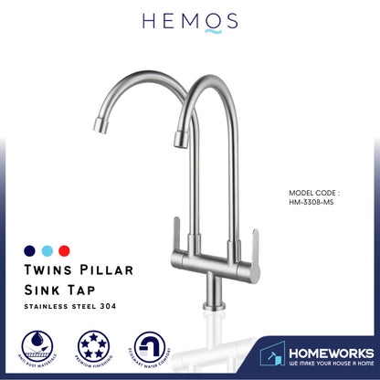 KITCHEN FAUCET TWO SPOUT STAINLESS STEEL 304 TWINS PILLAR SINK TAP HM 3308