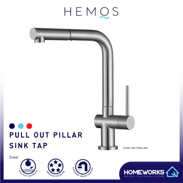 HEMOS KITCHEN FAUCET STEEL PULL OUT COLD PILLAR SINK TAP KEPALA PAIP DAPUR HM-19054-MS