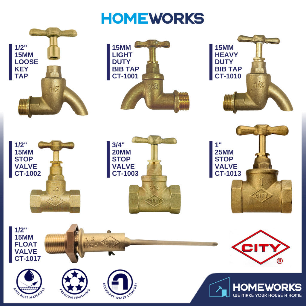 CITY BRASS COPPER 1/2" 3/4" 1" STOP COCK, 1/2" LOOSE KEY TAP, H/D & L/D DUTY BIB TAP, FLOAT VALVE